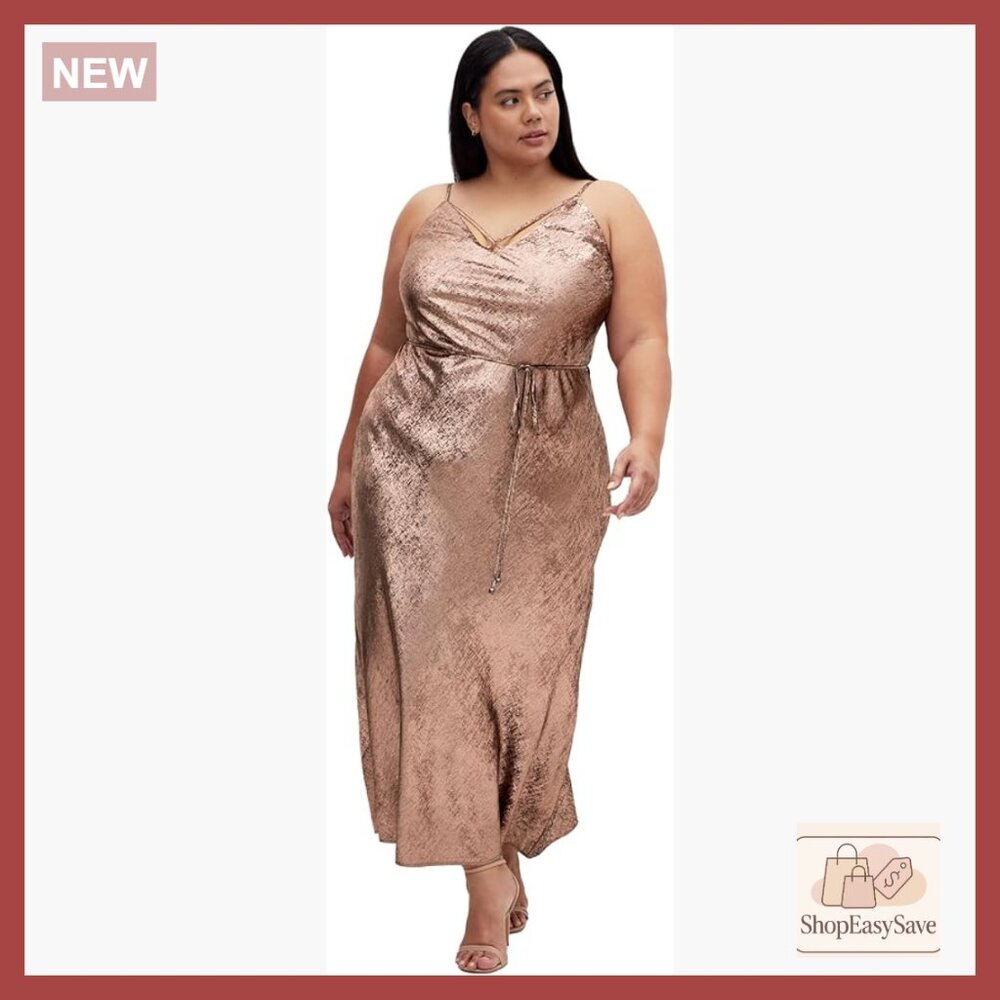 Metallic Slip Dress Elegant Midi V-Neck Adjustable Straps Plus Size Evening Wear